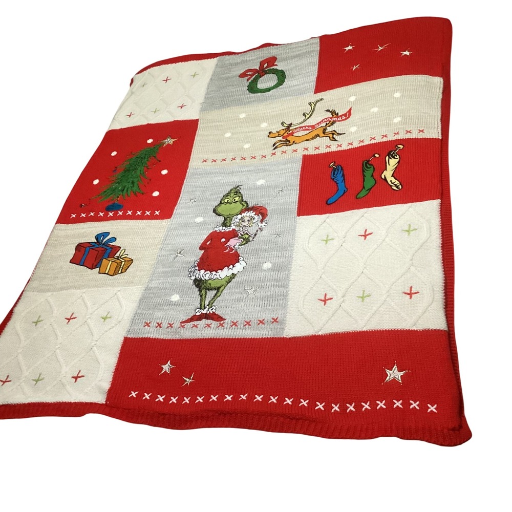 Pottery Barn Kids Dr Seuss The Grinch Christmas Knit Sherpa Throw Blanket 40x50